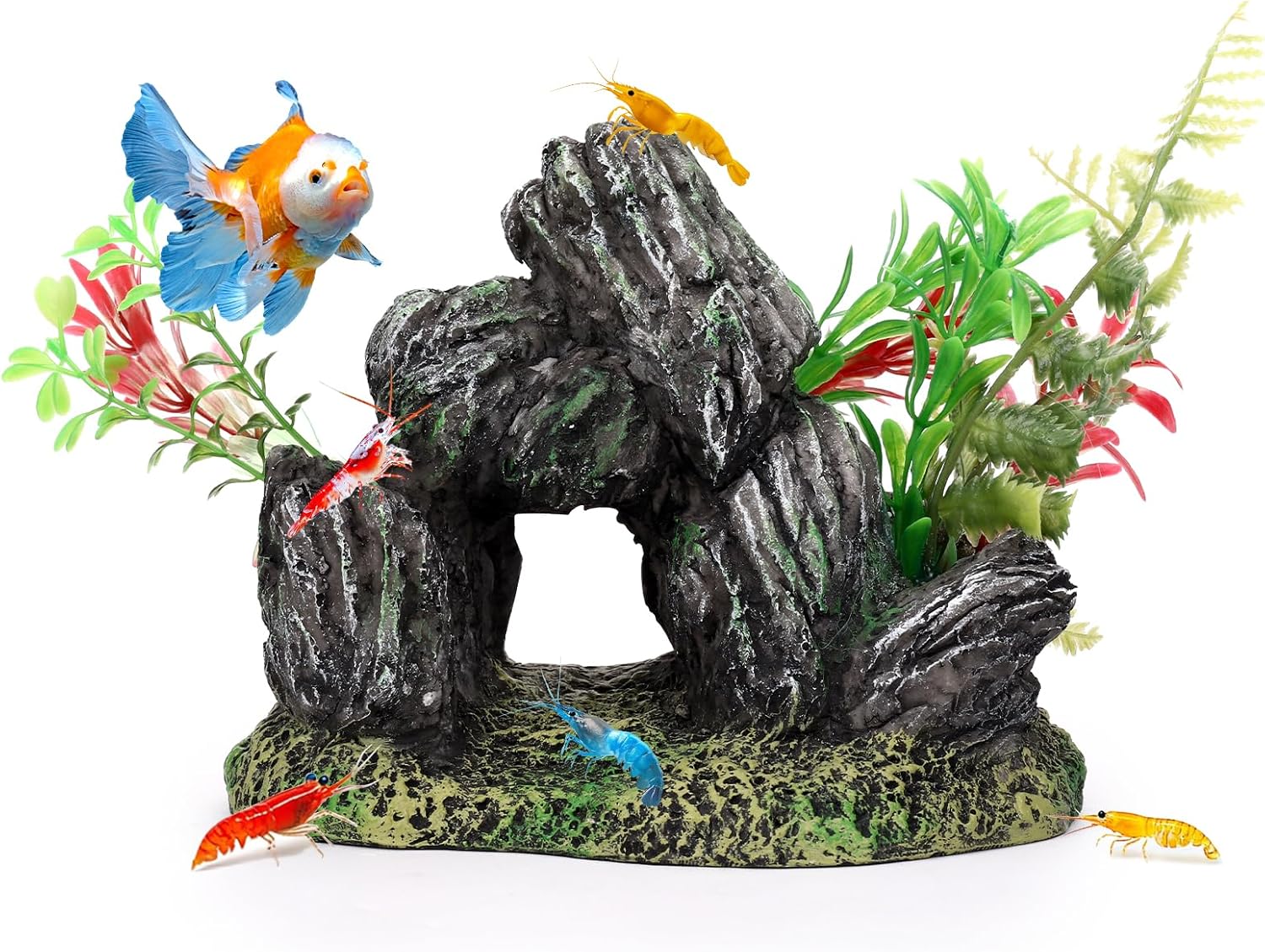 Stone with Plants Aquarium Decoration Resin-Artificial Rock & Greenery Ornament with Large Swim-Through Holes-Approx. 6.9" L x 5.1" W x 5.1" H(Stone&Plants)