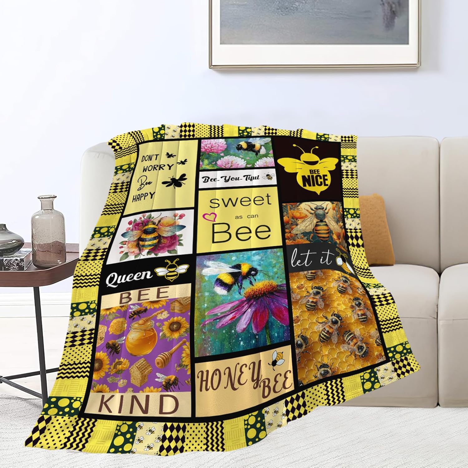 Bee Throw Blanket Bee Stuff Gifts for Kids Girls Boys Adults Women Men Soft Cozy Warm Plush Fluffy Fuzzy Fleece Blanket Decor 60''X80''
