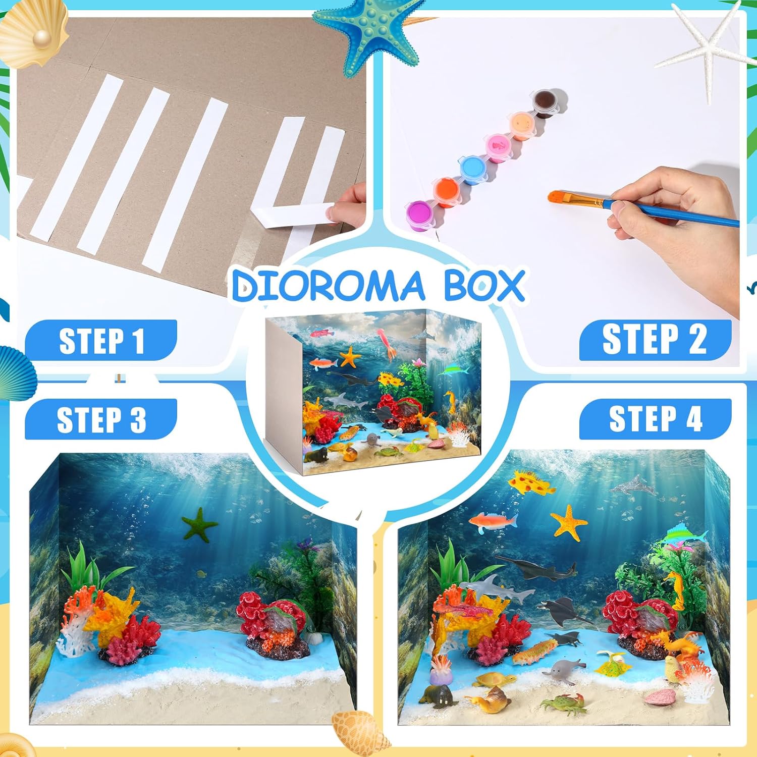 Ocean Diorama Kit Habitat Project Supplies Under The Sea Animals Figures Small Shark Fish Figures Artificial Coral Seagrass with Gift Box for Gifts Birthday Party Decorations