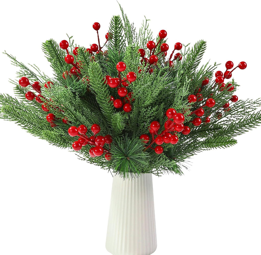 60 PCS Artificial Pine Branches Christmas Faux Pine Greenery Stems Red Holly Berries Fake Cedar Pine Needles Picks for Christmas Tree Wreath Garland DIY Crafts Holiday Home Decoration