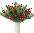 60 PCS Artificial Pine Branches Christmas Faux Pine Greenery Stems Red Holly Berries Fake Cedar Pine Needles Picks for Christmas Tree Wreath Garland DIY Crafts Holiday Home Decoration