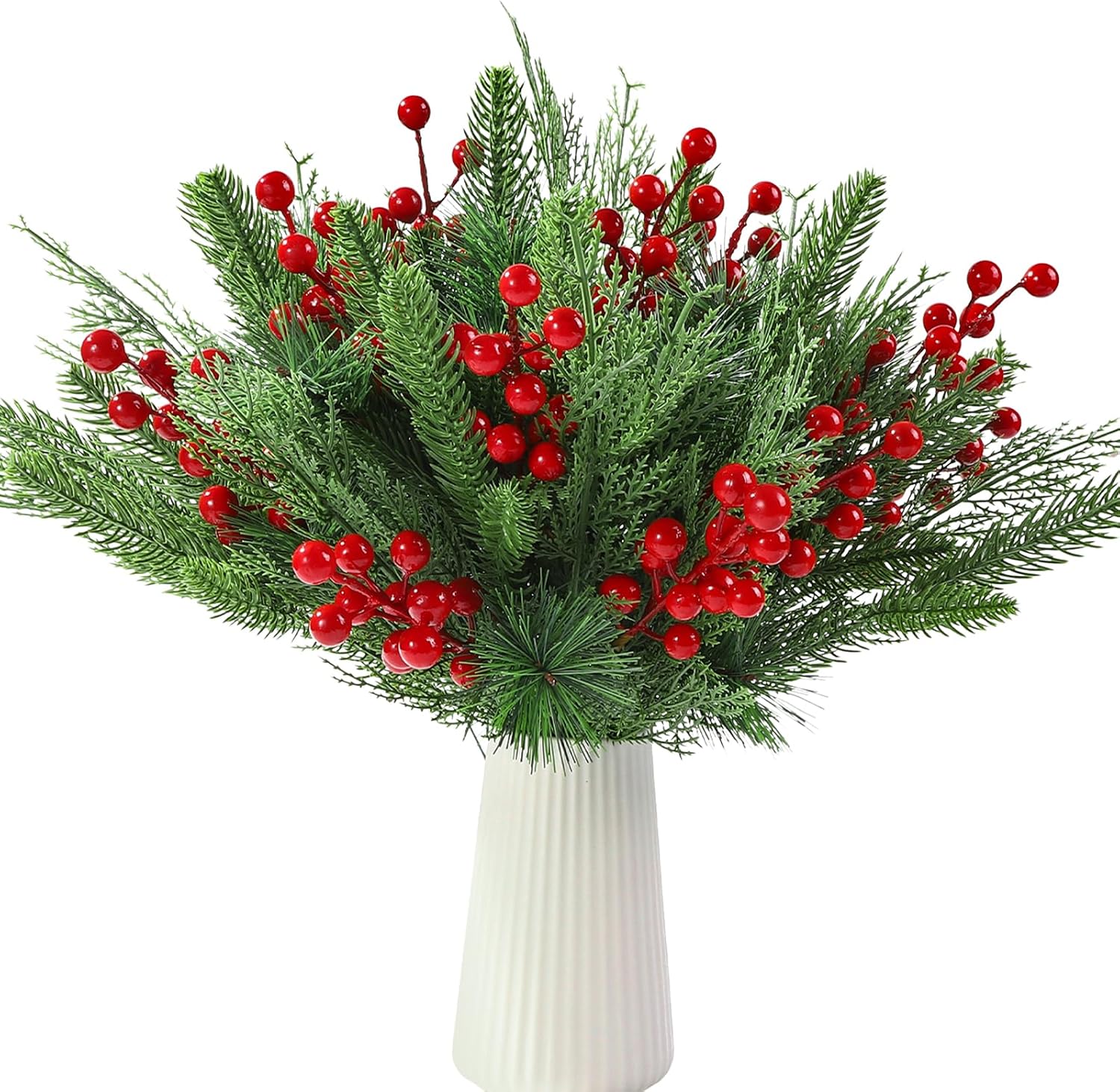 60 PCS Artificial Pine Branches Christmas Faux Pine Greenery Stems Red Holly Berries Fake Cedar Pine Needles Picks for Christmas Tree Wreath Garland DIY Crafts Holiday Home Decoration
