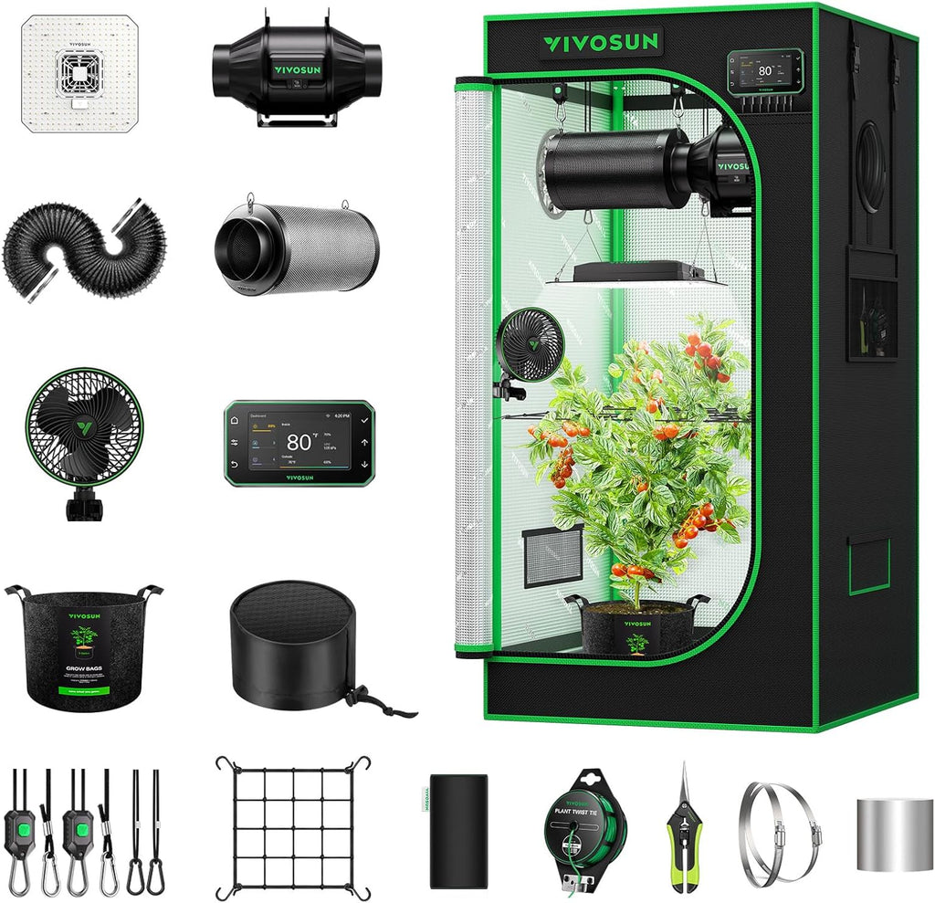 VIVOSUN GIY Plus Smart Advance Grow Tent Kit 2x2 ft WiFi-Integrated Complete Grow Tent System 2000D Mylar Grow Tents with Full-Spectrum Programmable Grow Light, Enhanced Ventilation & Circulation