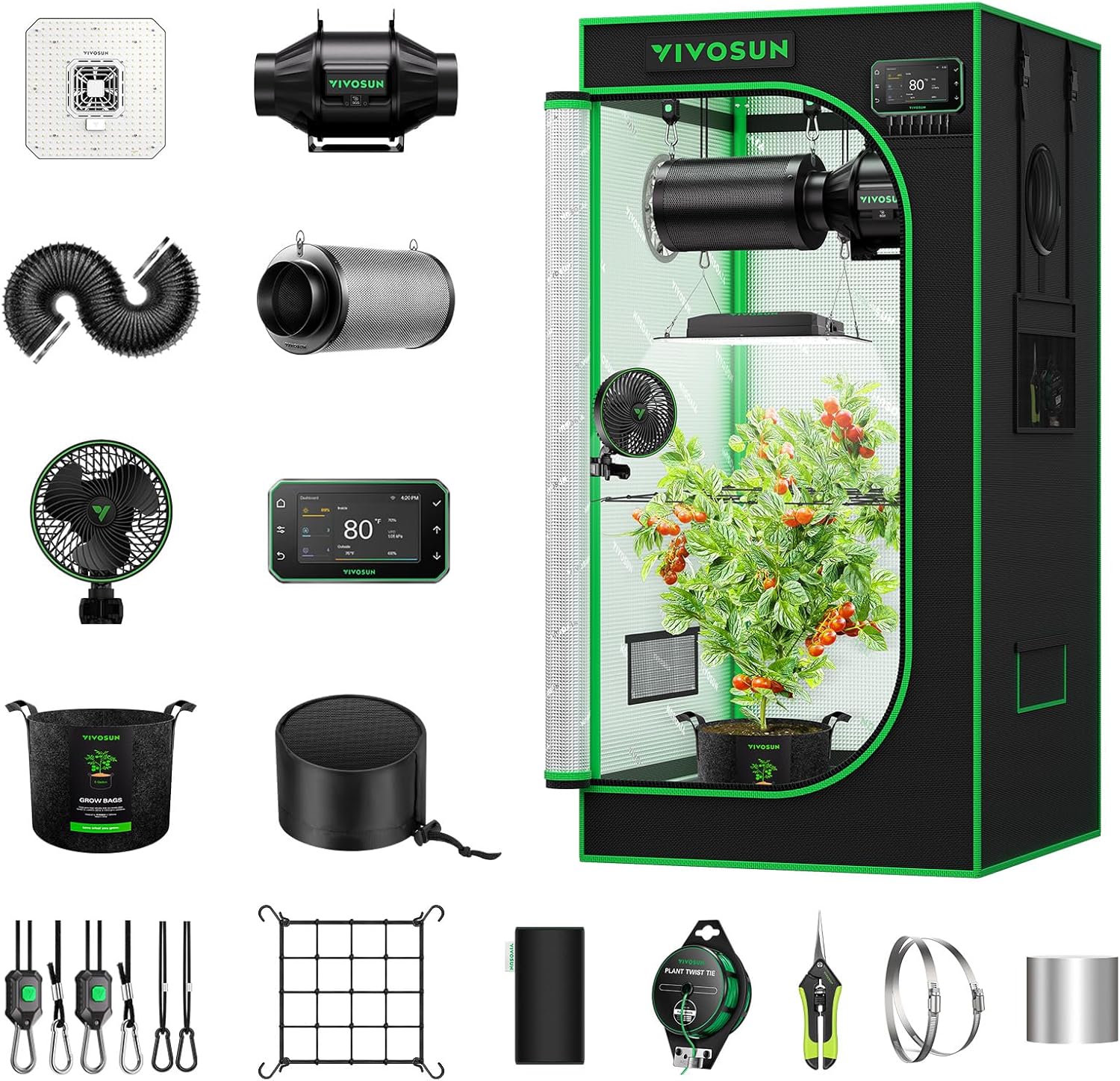 VIVOSUN GIY Plus Smart Advance Grow Tent Kit 2x2 ft WiFi-Integrated Complete Grow Tent System 2000D Mylar Grow Tents with Full-Spectrum Programmable Grow Light, Enhanced Ventilation & Circulation