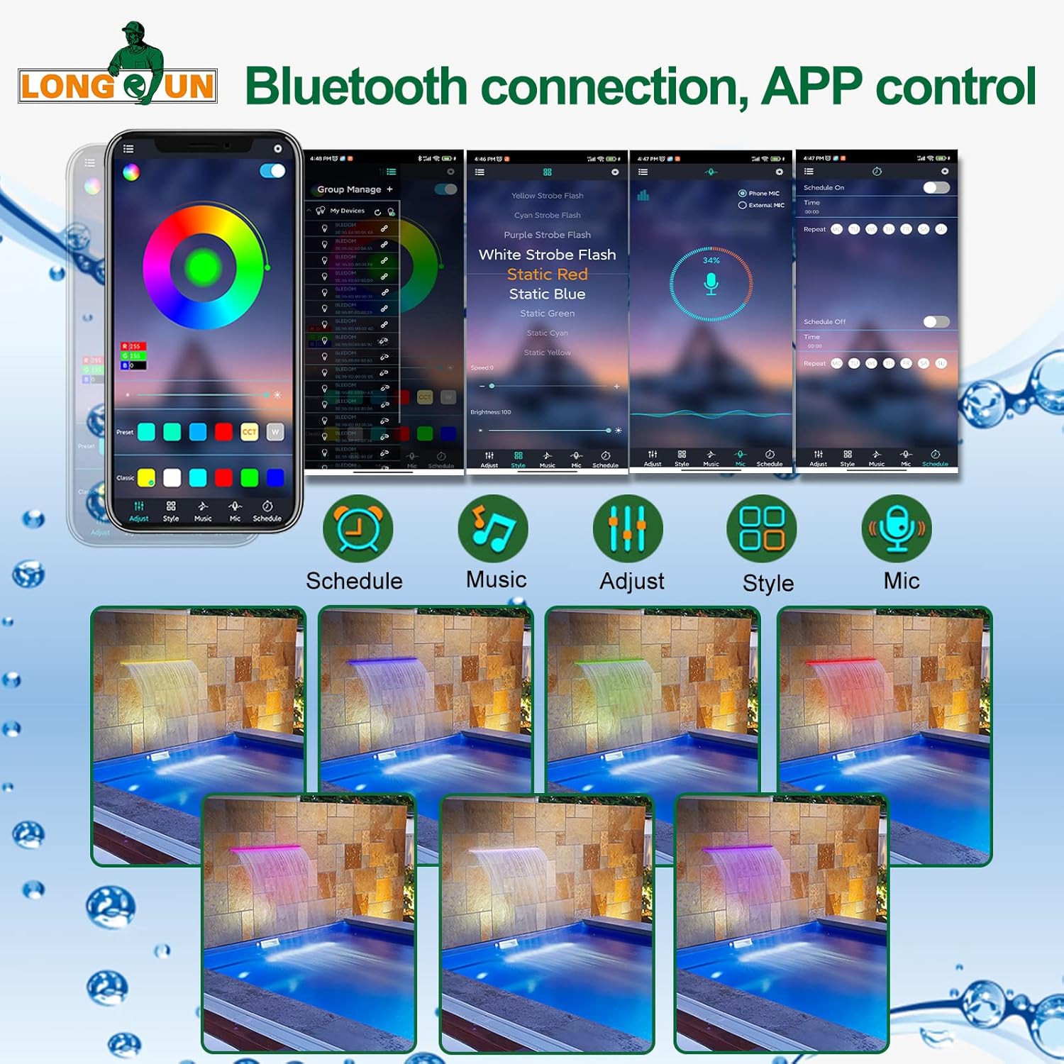 Longrun LED Strip Color Changing Garden Show Lights for Pond Spillway Waterfall, APP Control Waterproof Lighting Bar for Home Decoration Pool Fountain Landscape Lighting, Aquarium-34.85"