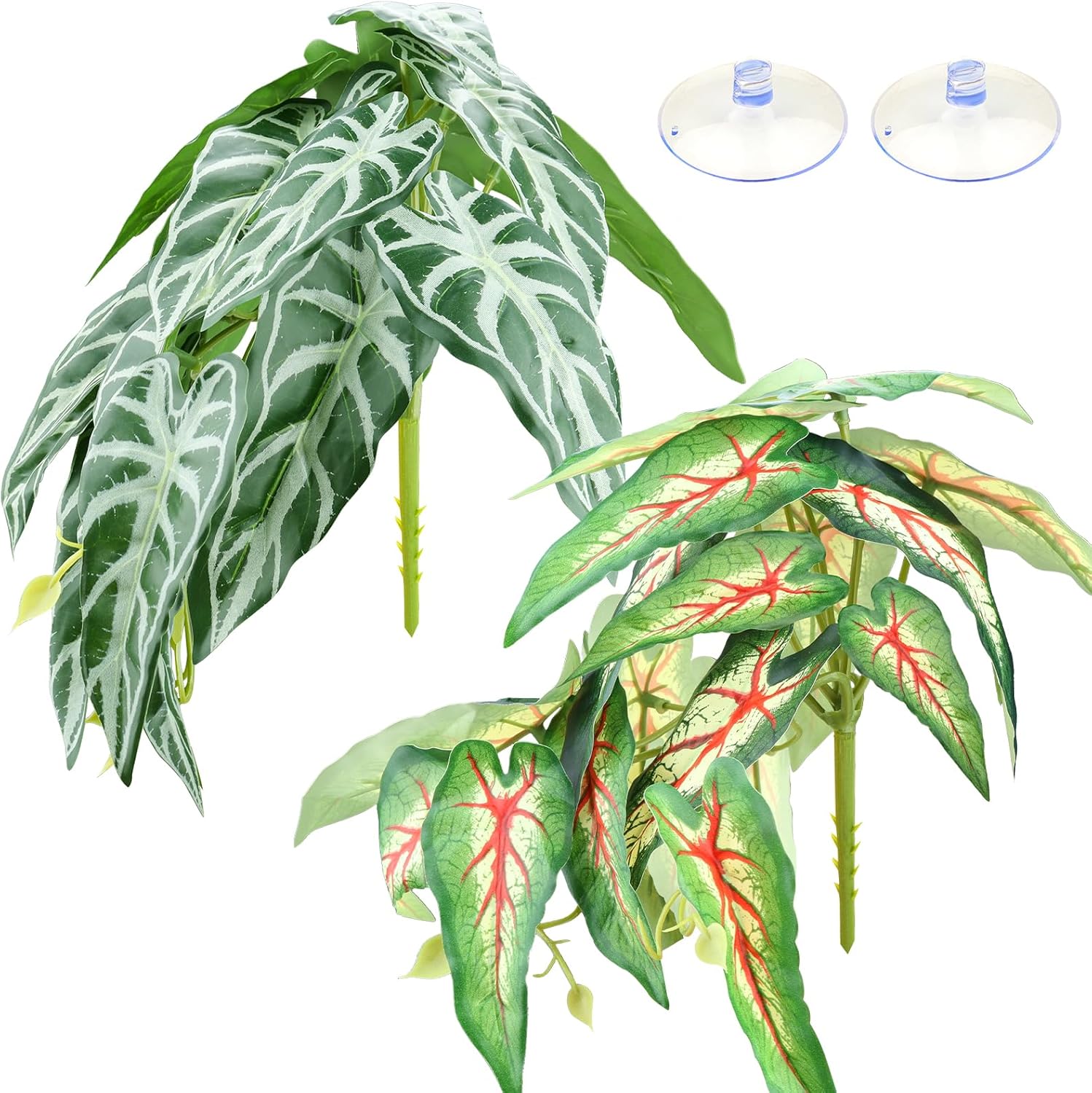 2 Pack Reptile Plants for Terrarium, Artificial Leaves Habitat Decorations with Suction Cups, Terrarium Hanging Plants Vines for Bearded Dragons Lizards Snake Geckos Frogs - red and White