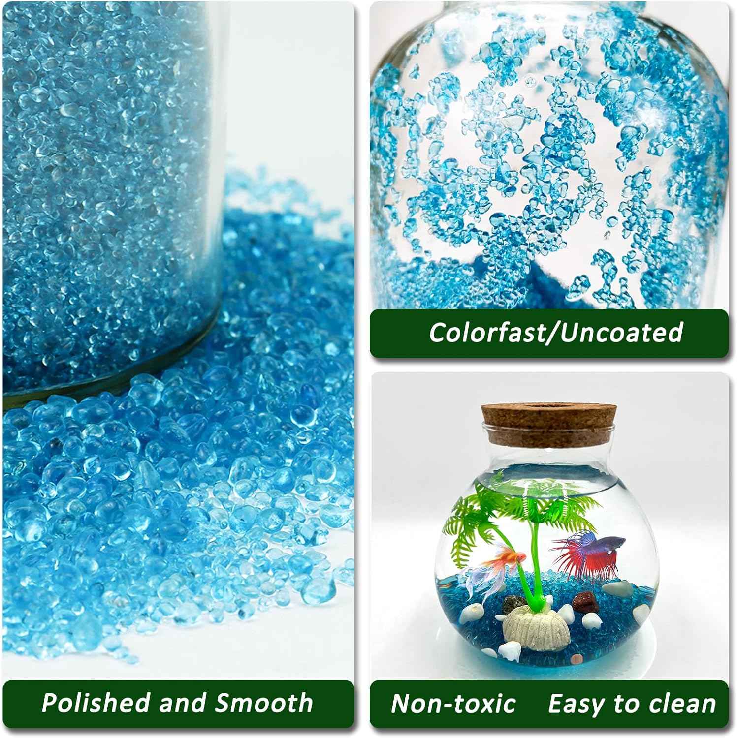 BXI 2.2 Lbs Small Aquarium Substrate Gravel Sand, Polished Smooth Fish Tank Gravel, Colorfast Uncoated Vibrant Blue Sea Glass, Decorative Stones for Vase Fillers, Fairy Garden, Potted Plants