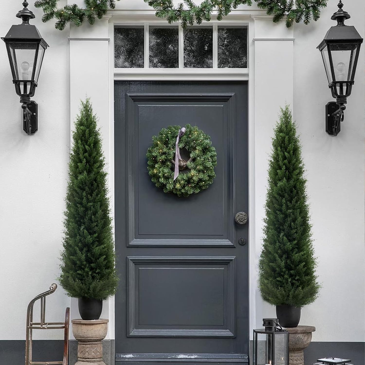 5 ft Artificial Cedar Topiary Trees, 2 Pack Uv Resistant Faux Outdoor Plants, Front Door Cypress Tree Decor Outdoor Entrance, Tall Fake Outside Plants, Evergreen Arborvitae Plastic Indoor Plant