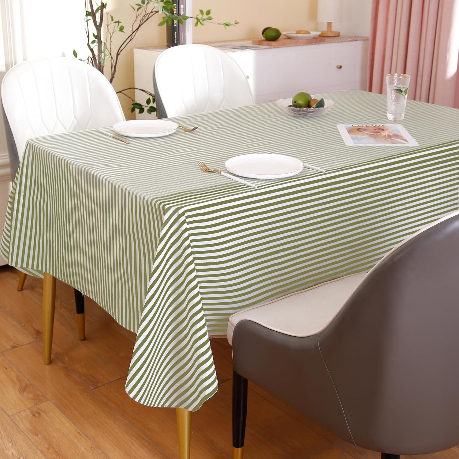 Walrus Heavy Duty Vinyl Tablecloth with Flannel Backing Waterproof Oil-Proof Plastic Table Cloth Stain-Resistant Wipeable Rectangle or Square Table Cover for Indoor and Outdoor (Stripe, 60X84 Inch)