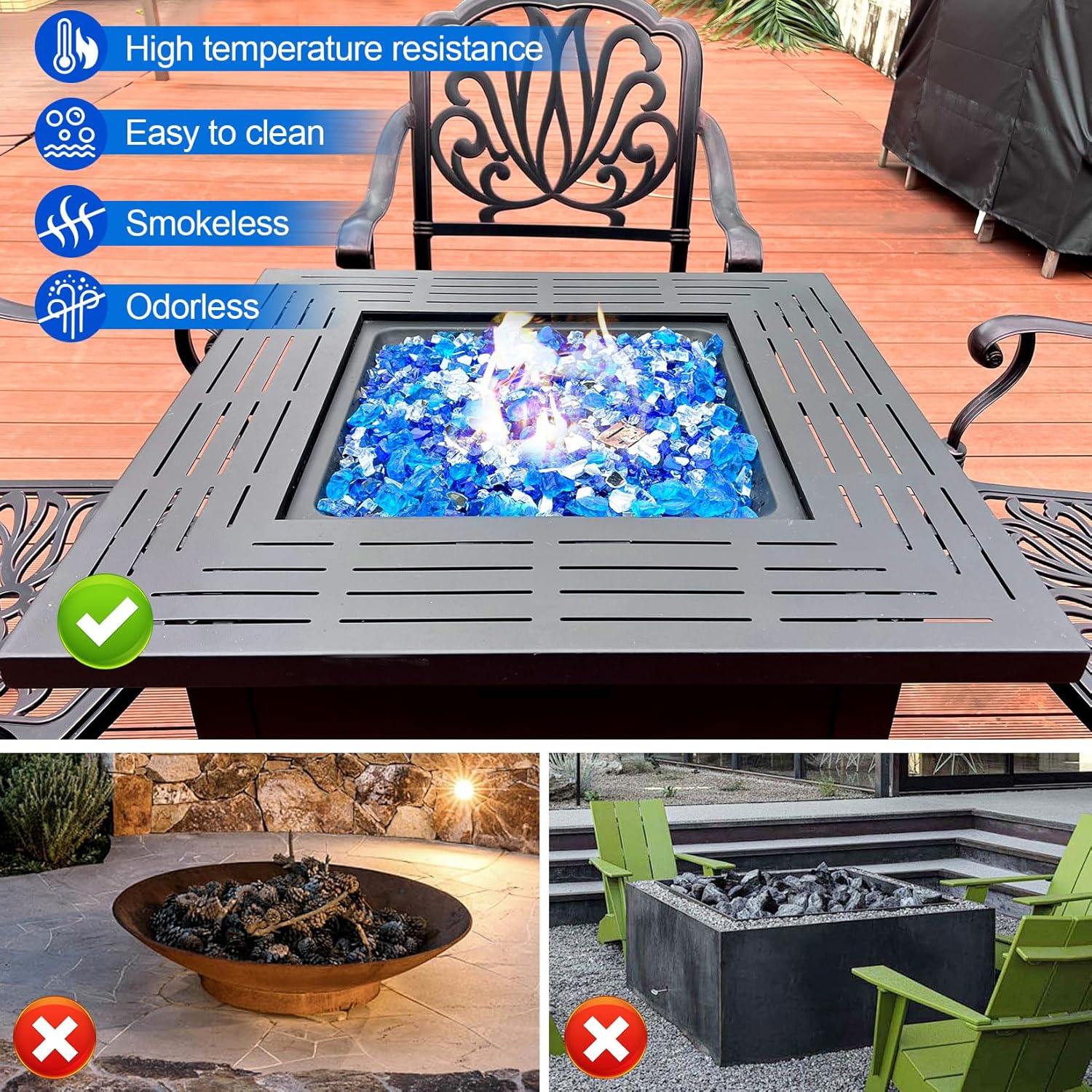 GasSaf 1/2 Inch Fire Glass Reflective Tempered Fireglass Cut Crushed FireGlass for Fire Pit, Fireplace, Replaces Existing Gas Logs(20 Pound)(Cobalt/Caribbean Blue, Crystal Ice Reflective)