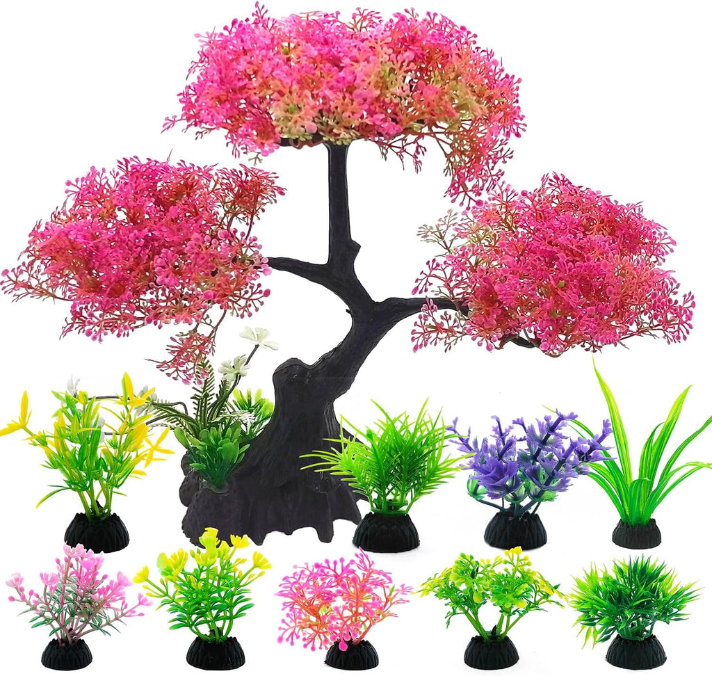 SLOCME Pink Cherry Blossom Tree Aquarium Decor Set – 10 Pcs Artificial Plastic Plants for Fish Tanks, Betta & Goldfish Hiding Accessories, Realistic & Safe Aquarium Decorations (Pink)