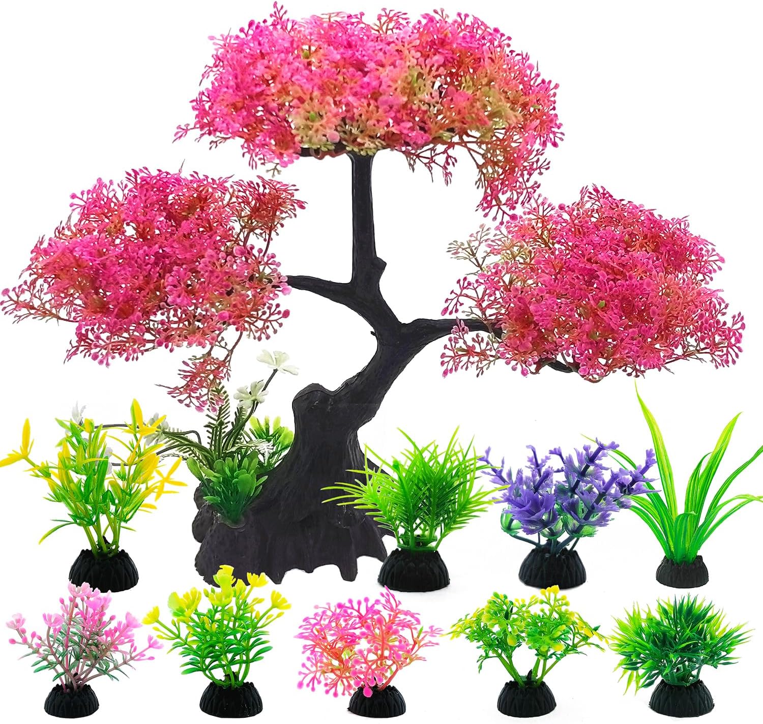 SLOCME Pink Cherry Blossom Tree Aquarium Decor Set – 10 Pcs Artificial Plastic Plants for Fish Tanks, Betta & Goldfish Hiding Accessories, Realistic & Safe Aquarium Decorations (Pink)