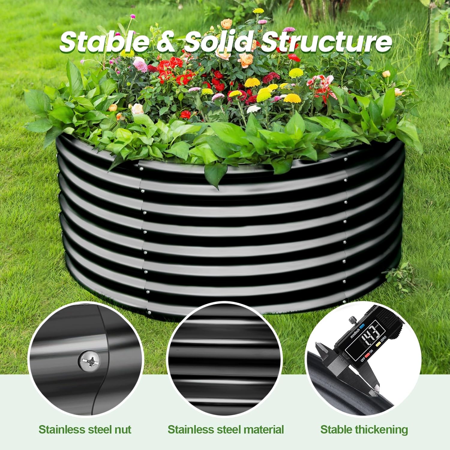 Land Guard 3×3×2ft Galvanized Raised Garden Bed Kit, Round Galvanized Planter Raised Garden Boxes Outdoor, Large Metal Raised Garden Beds for Vegetables, Grey