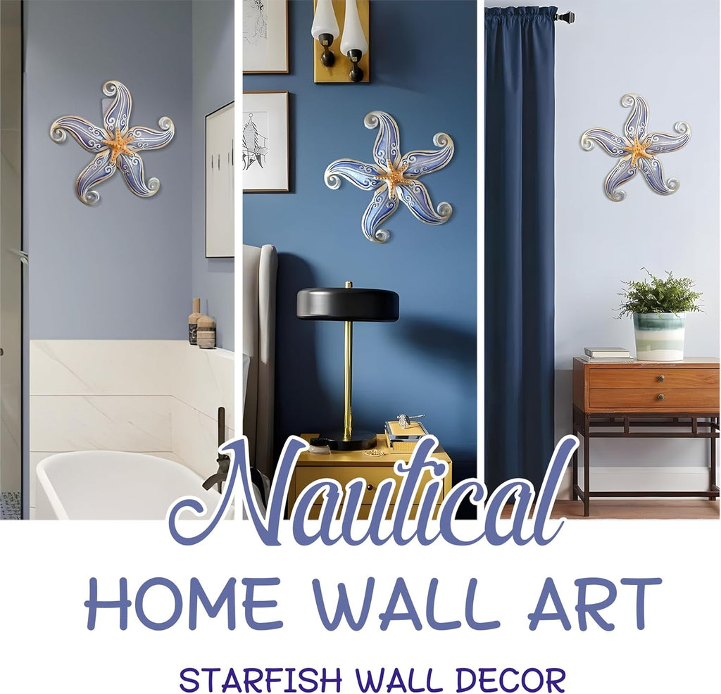 POXOHO Metal Starfish Wall Decor, Sea Life Coastal Decorations 12 inch Starfish Wall Art, Nautical Home Decoration Handing Ocean Beach Wall Art for Garden,Fence,Home,Patio,Kitchen,Bathroom,(Sliver)