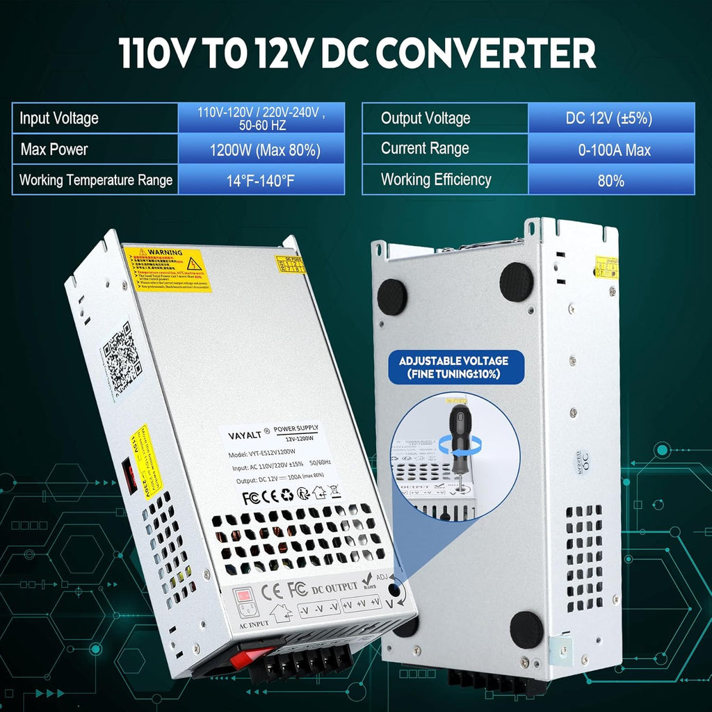 VAYALT DC 12V 100A 1200W Switching Power Supply, 110V/220 V Power Supply AC to DC Converter, Universal Regulated Switching,12V Power Supply for CCTV Camera System,3D Printer,Led Strip,Computer Project