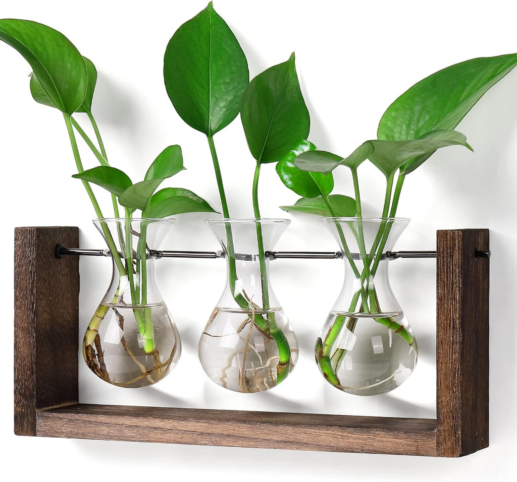 YIBOT Wall Hanging Planter Propagation Station Glass Flower Vase for Hydroponics Plants, Plant Terrarium with Wooden Stand, Bathroom, Home Office Living Room Decor Gift