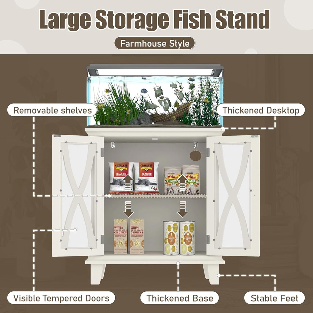 20 Gallon Aquarium Stand With Power Outlets, Farmhouse Fish Tank Stand, Reptile and Terrarium Stand with Cabinet Storage, Sturdy Heavy Duty 20.4" 12", Beige