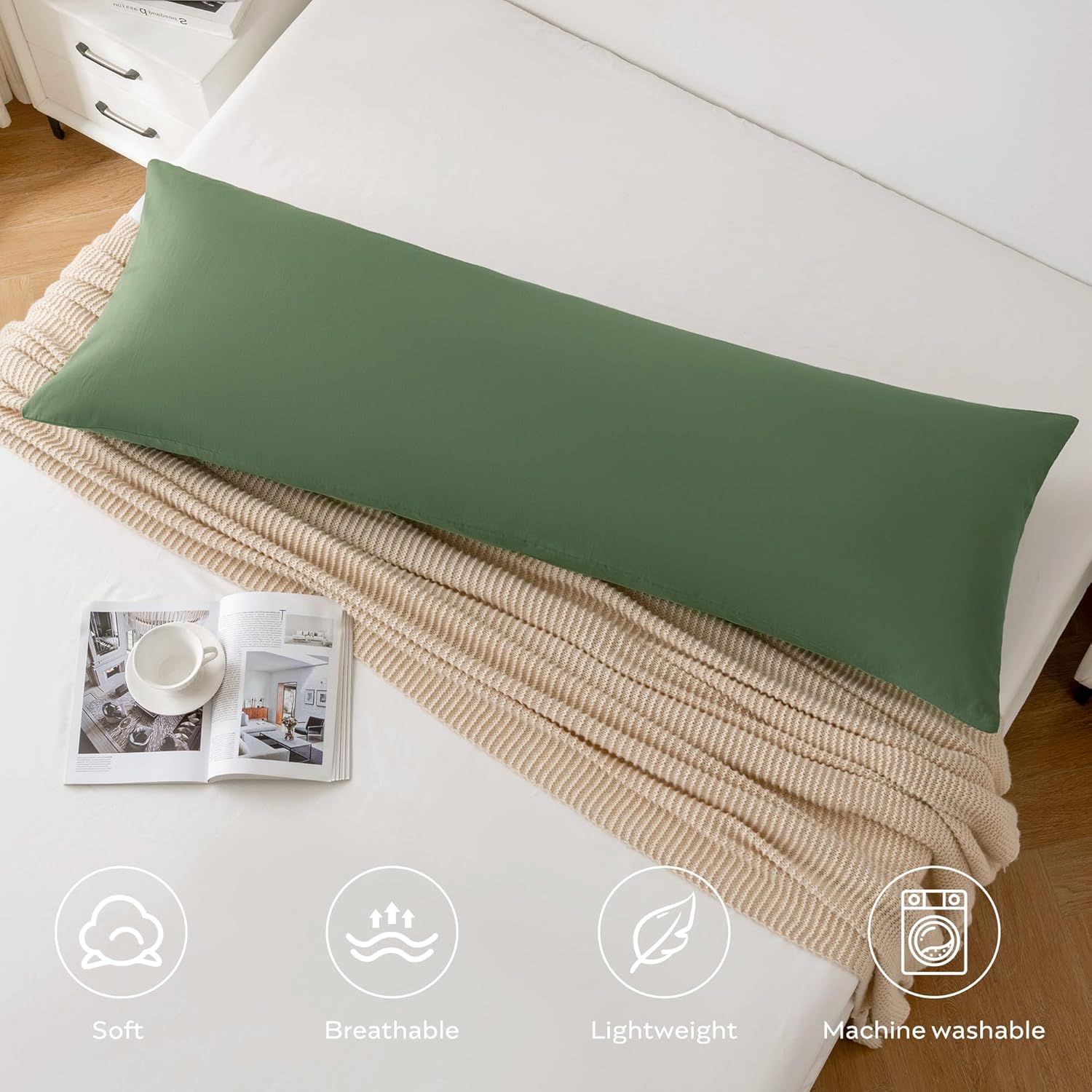 JELLYMONI 1pc Cotton Envelope Pillow Cover Green 20x54in Bed Pillow Case 100% Washed Cotton Soft Breathable