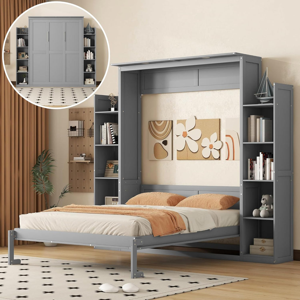Queen Murphy Bed with Storage Shelves and LED Lights, Wood Grey Murphy Wall Bed Cabinet with Bookcase Bookshelf for Adults