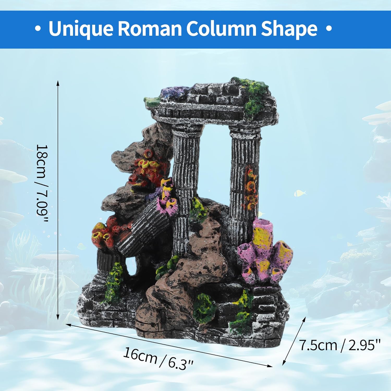 Fish Tank Decorations, Roman Column Decoration, Aquarium Decorations, Enhances Underwater Aesthetic for Fish, Black Gray