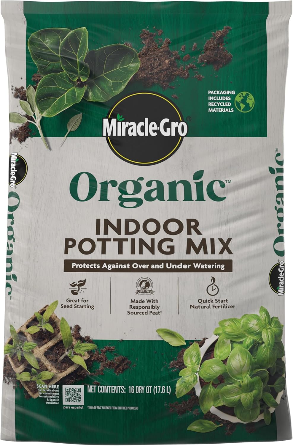 Miracle-GRO Organic Indoor Potting Mix, Protects Against Over and Under Watering, for Indoor Container Plants, Houseplants and Starter Plants, OMRI Listed, 16 qt.