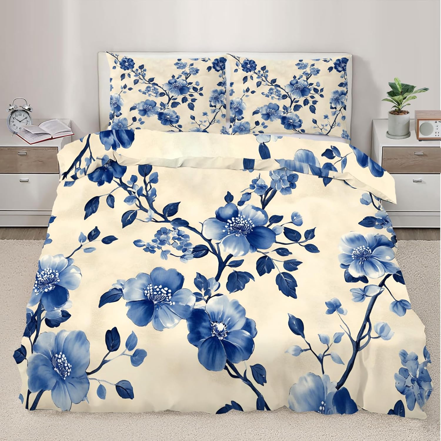 Floral Print Duvet Cover Full Size, Boho Blue Tie-Dye Bedding Set 3 Piece Bedroom Decor Rustic Watercolor Comforter Cover and 2 Pillow Sham with Zipper Closure