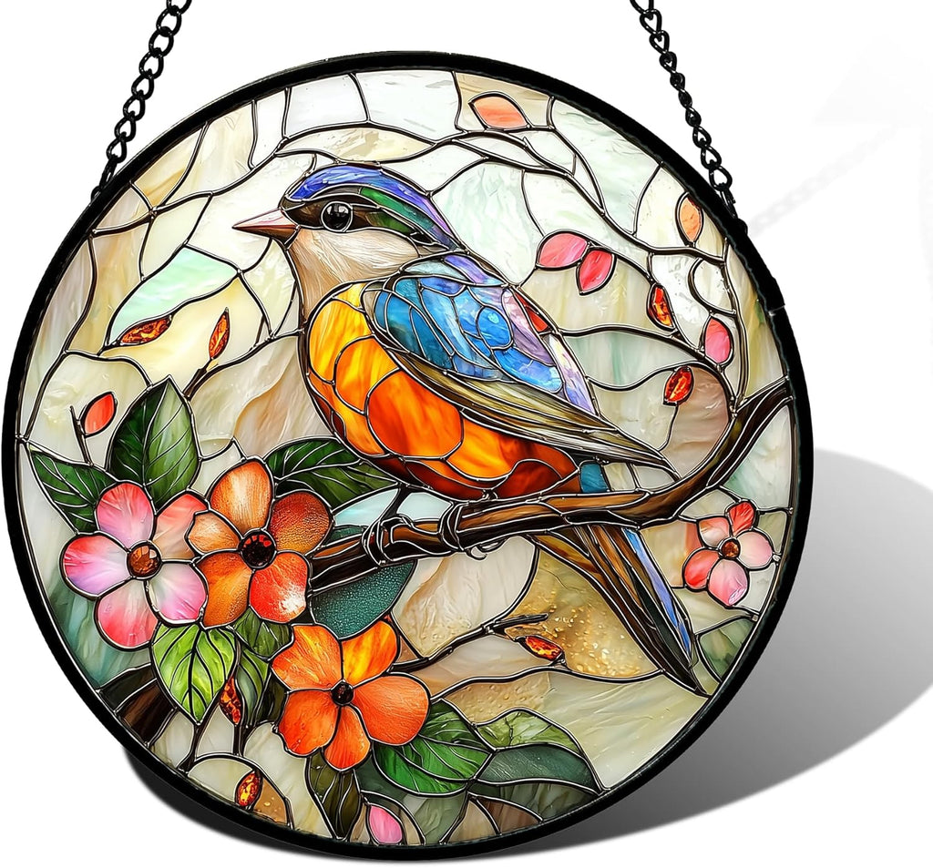 Stained Glass Window Hanging, Blue Bird Pink Flower Suncatcher Diamond Glass Panel Bird Sun Catchers Decor for Birthday for Women, Men, Wife, Aunt, and Mom 6.3 in