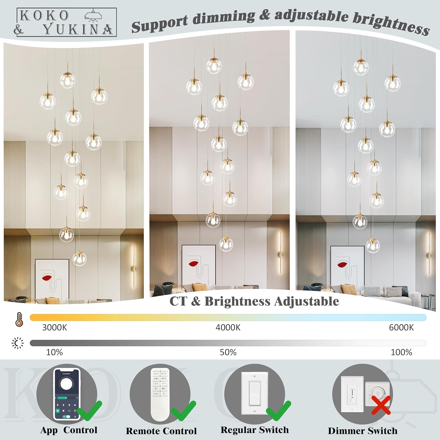 KoKo&Yukina 12-Light Gold Mid Century Modern Chandelier for Living Room Staircase Chandelier for Entryway Clear Globe Glass Chandelier High Ceiling Chandeliers Foyer Entryway (Bulb & Remote Incl.)