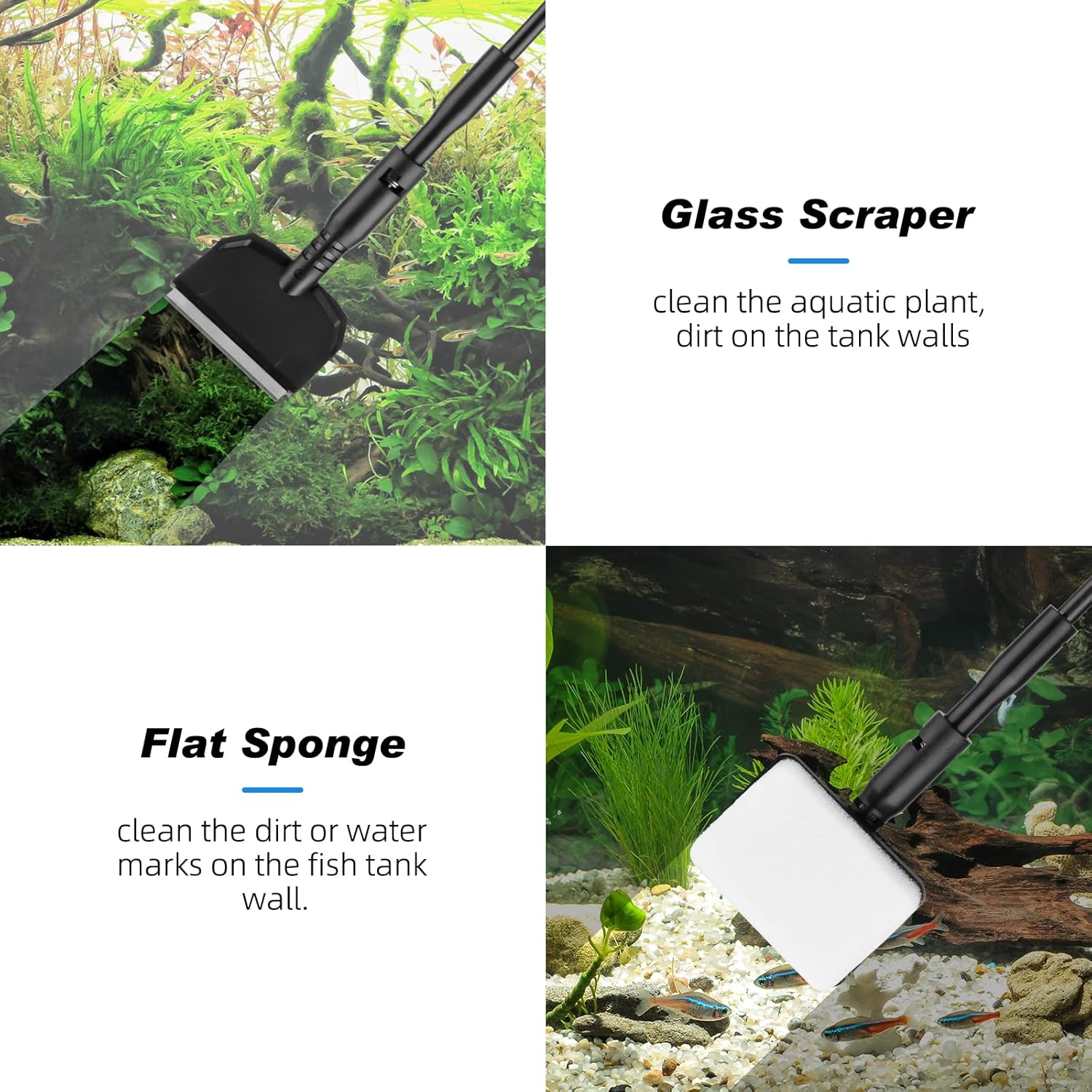 hygger Small Fish Tank Cleaner, Aquarium Cleaning Tools Kit with Handle, Seaweed Scraper, Fishing Net, Sponge Brush,Wall Brush (M)