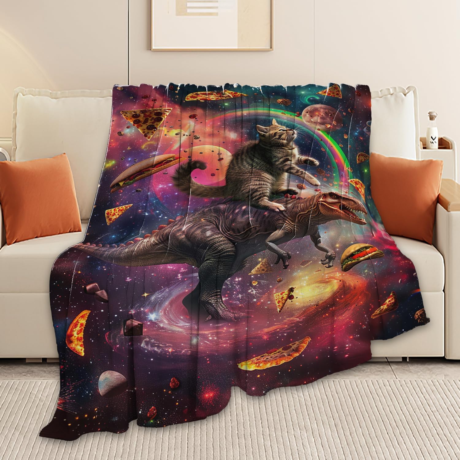 Dinosaur Cat Throw Blanket Funny Hamburger Pizza Dinosaur Cat Stuff Gifts for Kids Girls Boys Adults Women Man Soft Cozy Warm Plush Fluffy Fuzzy Fleece Blanket Decorr 40''X50''