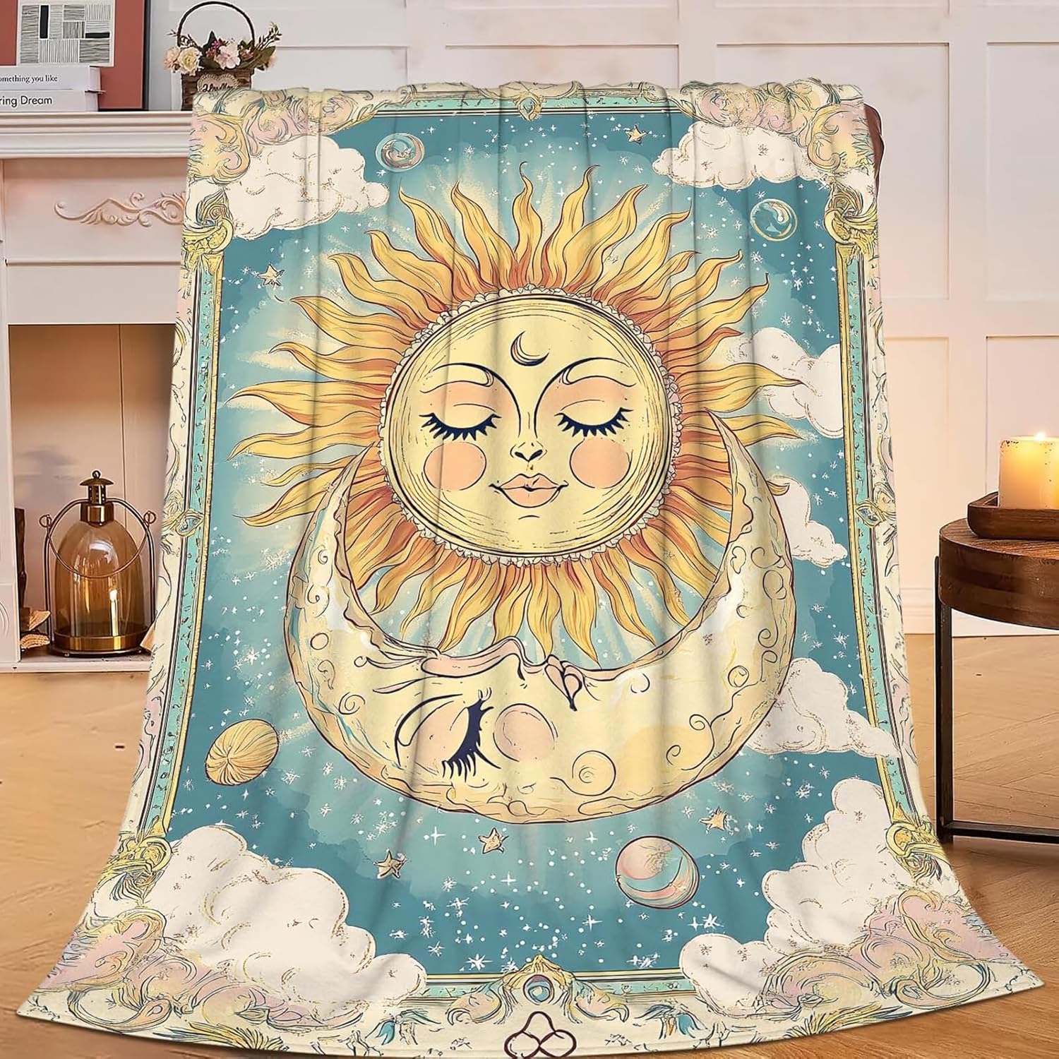 Sun and Moon Throw Blanket Celestial Hippie Sun and Moon Stuff Gifts for Kids Girls Boys Adults Women Man Soft Cozy Warm Plush Fluffy Fuzzy Fleece Blanket Decor 40''X50''