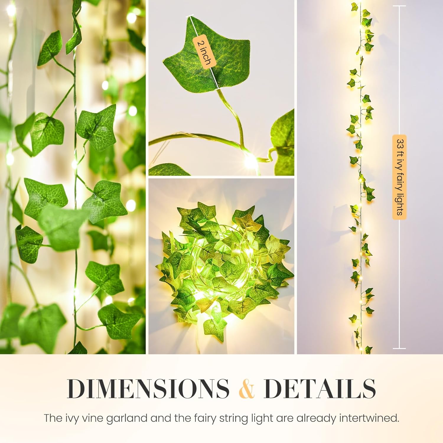 KASZOO 33ft 100 LED Vine with Fairy Lights with Remote, Fake Vines String Lights Battery/USB Operated, Ivy Garland, Leaf Lights for Bedroom Garden Party Wall Room Decor