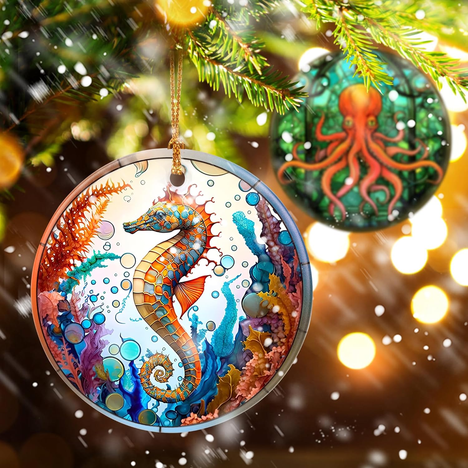 Touber Christmas Ornament, Christmas Decoration, Holiday Present Idea, Heirloom Keepsake, Round Ceramic, Gift Exchange, Gift Idea, Sea Horse