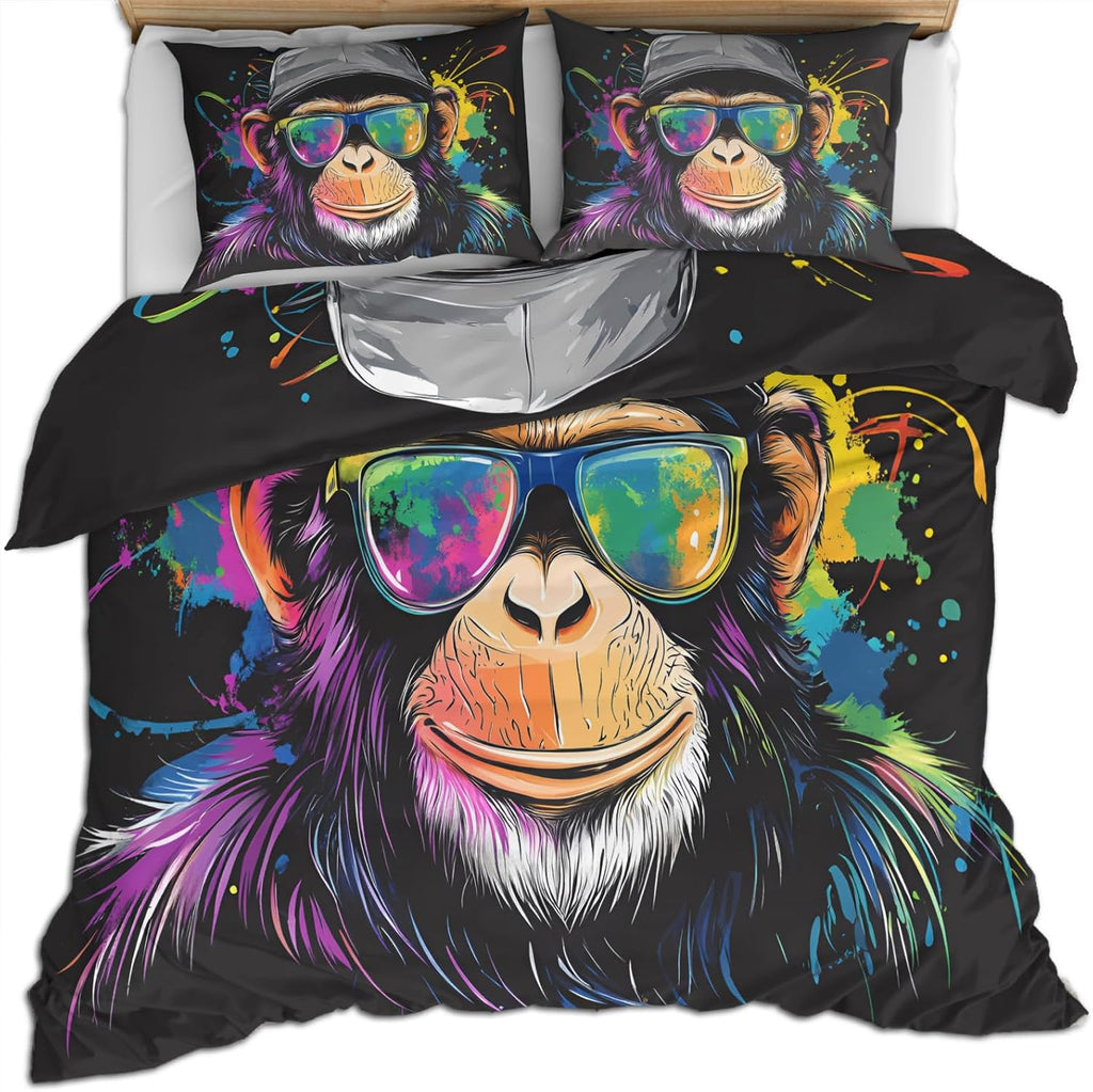 Colorful Monkey Duvet Cover Oversized King, Funny Chimpanzee Bedding Set 3 Piece Bedroom Decor Cool Pop Gorilla Comforter Cover and 2 Pillow Sham with Zipper Closure