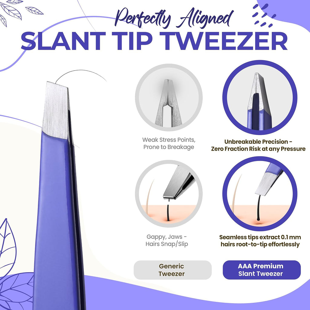 Professional Slant Tip Eyebrow Tweezers for Women & Men – Precision Hair Removal Tool – Stainless Steel Tweezers for Eyebrow Shaping, Facial Hair, Ingrown Hair & Splinter Removal (Luminous Lavender)