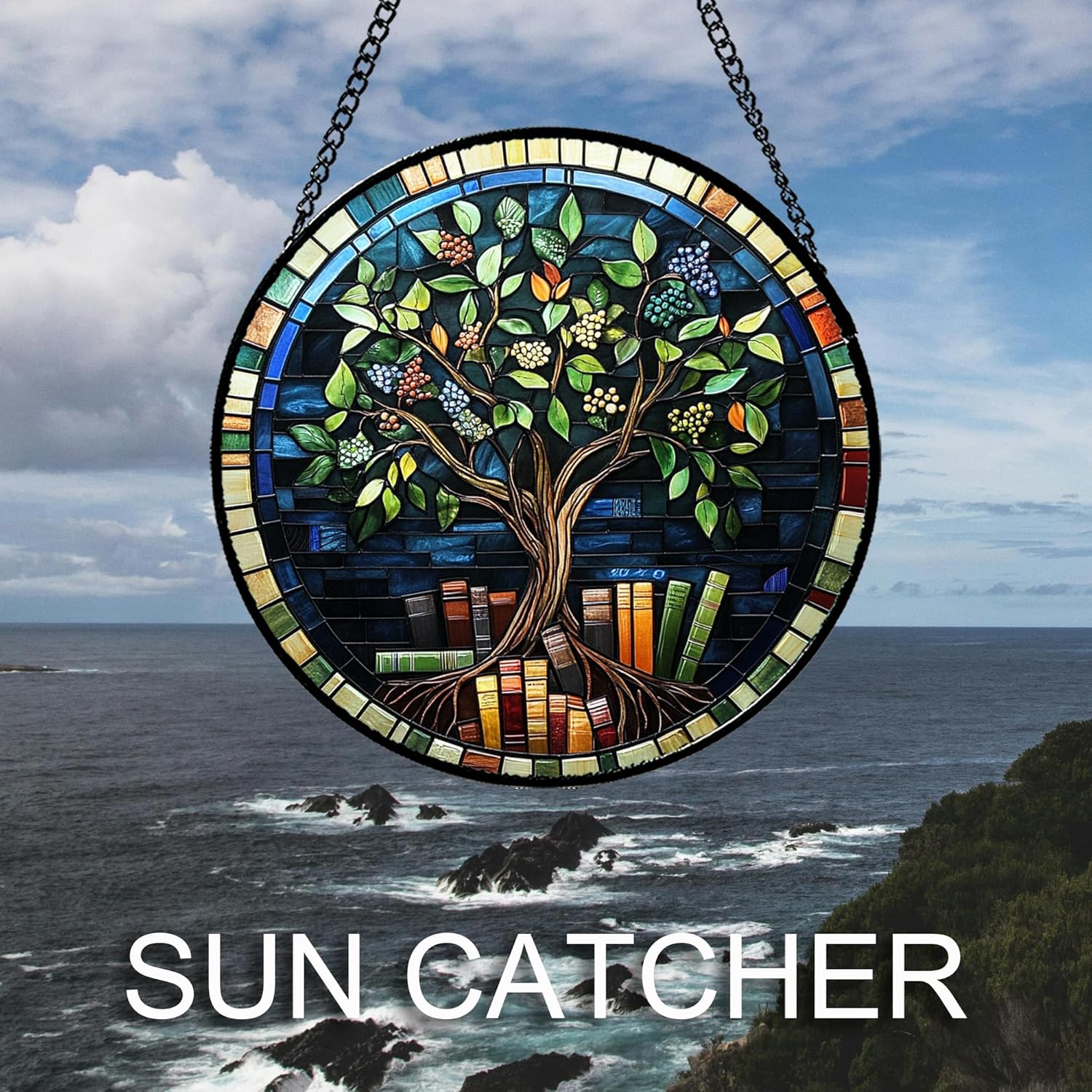Stained Glass Window Hanging Green Life Tree Berry Book 7.8" - Blue Suncatcher Door Garden Sun Catcher Home Decor Birthday Christmas for Mom Men Woman Nana Friend
