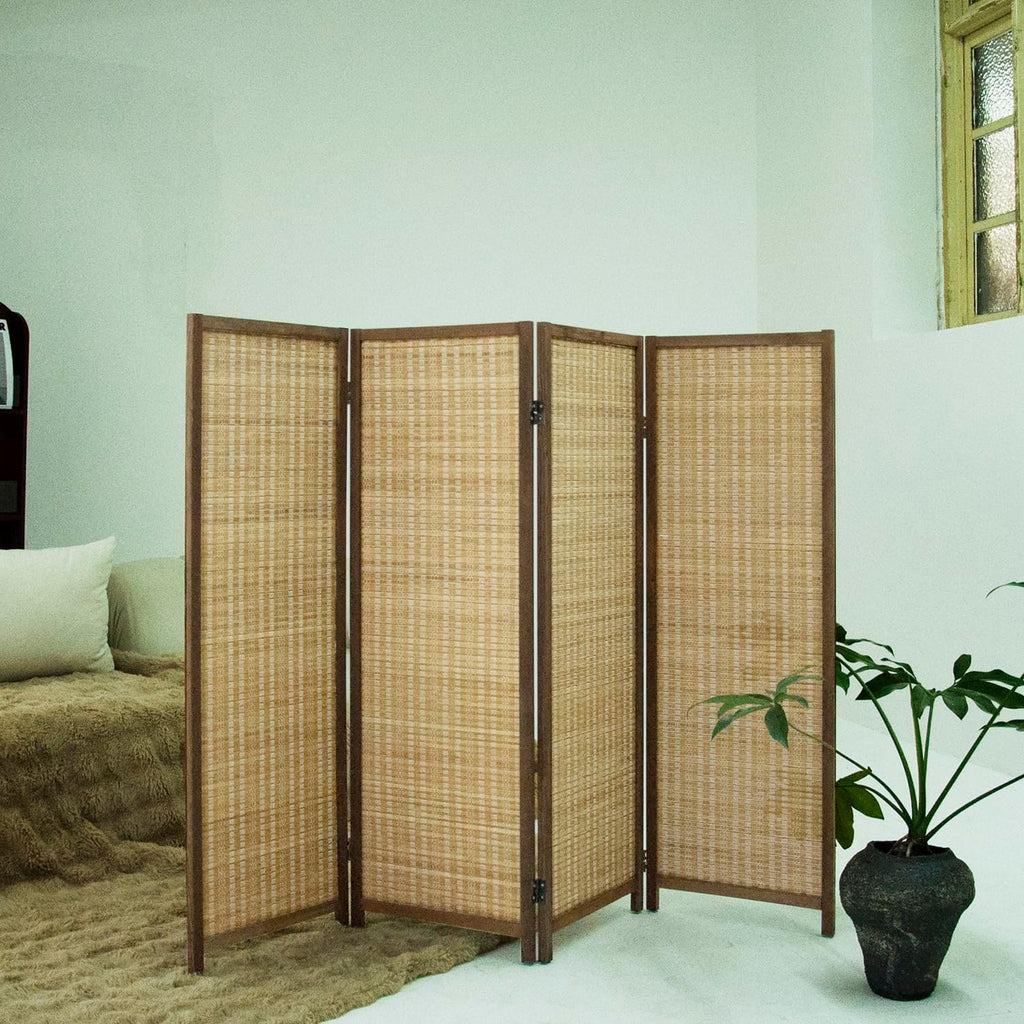 4 Panel Short Room Divider Folding Screen,47 inch Bamboo Panel Divider for Home Partition,Brown