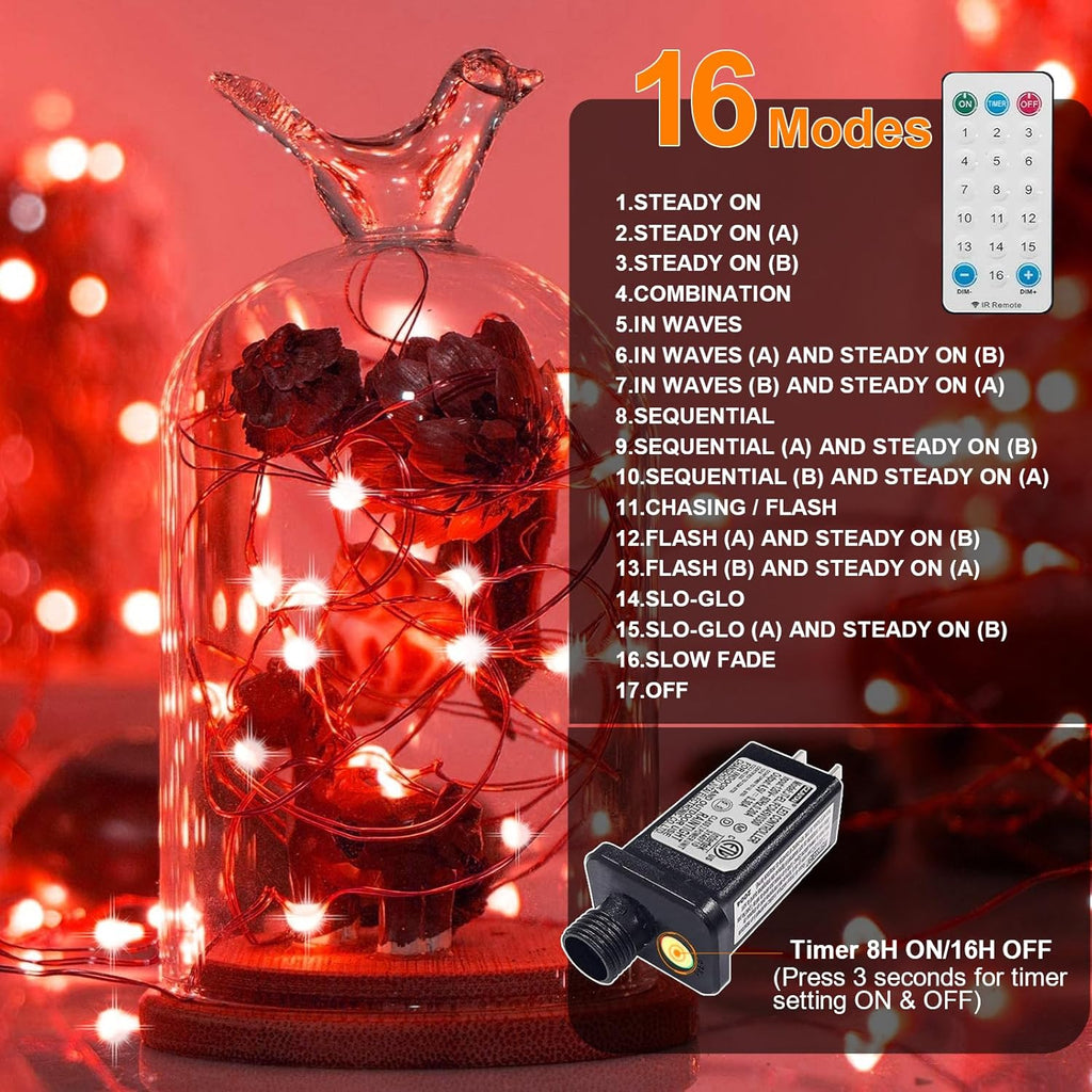 LAMPHOME Fairy Lights Plug in, 33Ft 100 LEDs Waterproof Twinkle Firefly Lights, Adaptor Included, Starry String Lights for Wedding Indoor Outdoor Christmas Patio Garden Decoration, Red