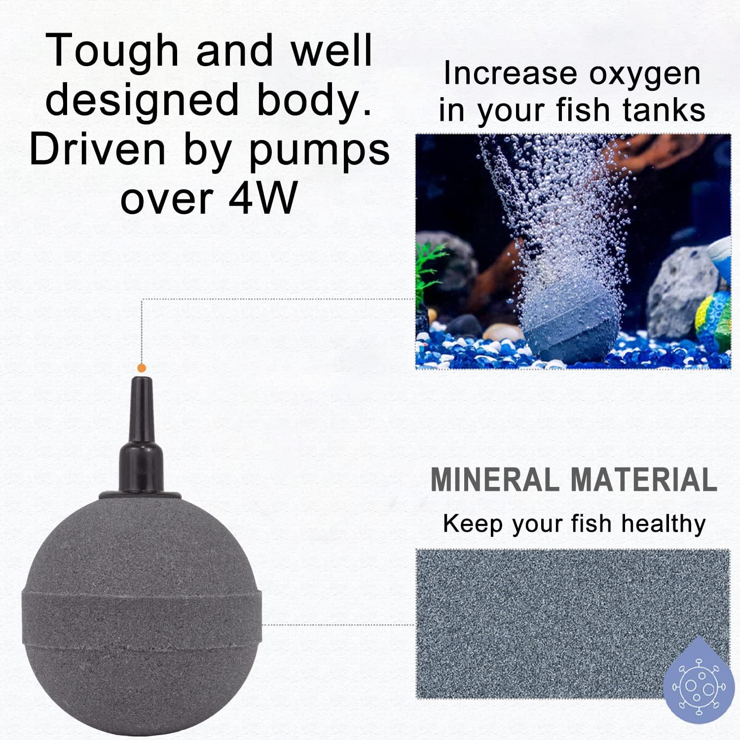 Air Stone Bubble Diffuser Ball - for Aquarium Air Pump and Fish Tanks, Gray, Pack of 10pcs