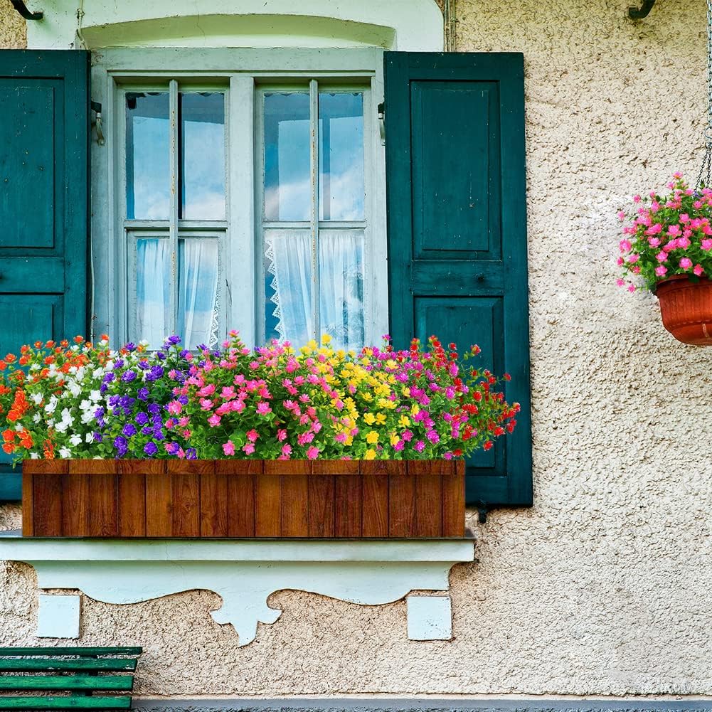 24 Bundles Outdoor Artificial Flowers UV Resistant Fake Boxwood Plants, Faux Greenery for Indoor Outside Hanging Plants Garden Porch Window Box Home Wedding Farmhouse Décor (Pink)
