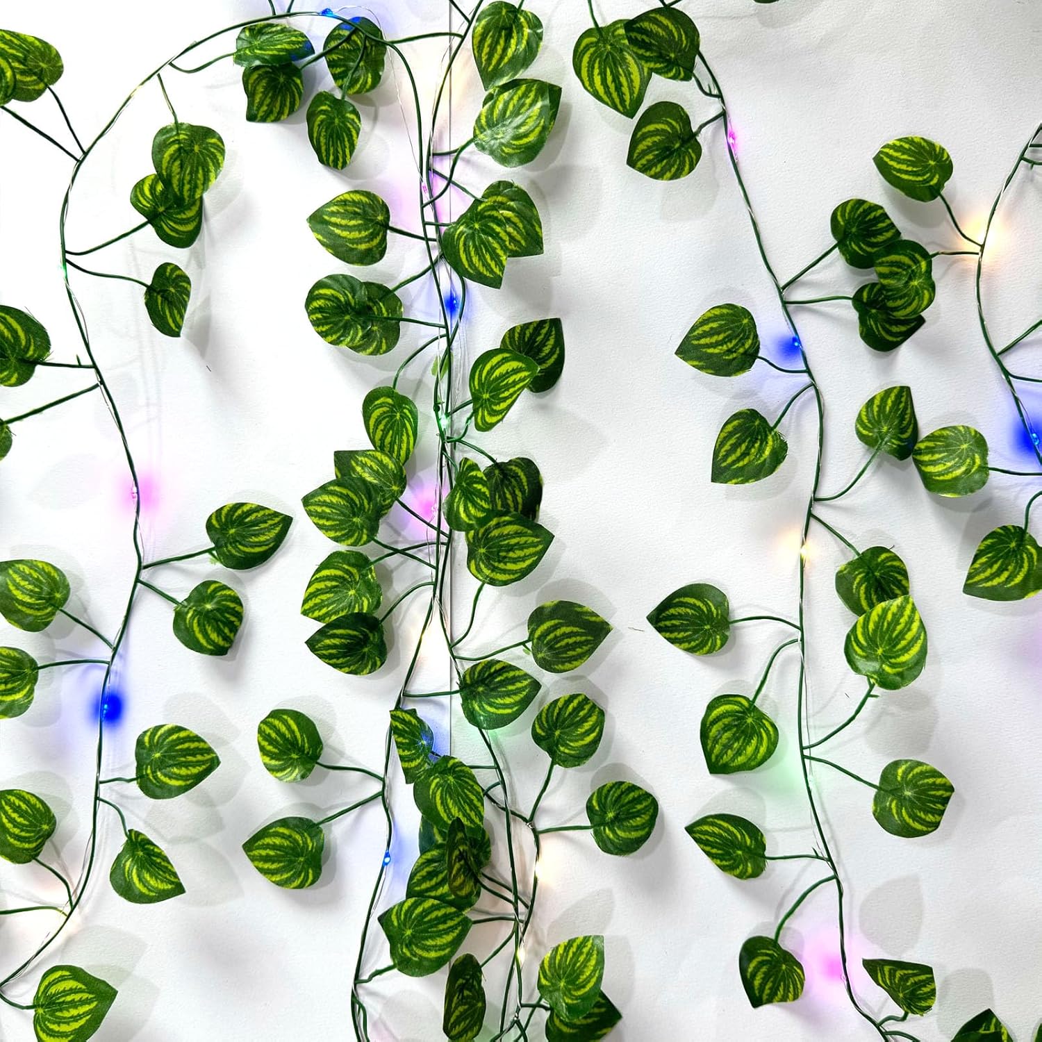 6 Pcs Artificial Hanging Plants Watermelon Leaf Vines With 60 Colorful Lights, Watermelon Vine Leaves, Fake Plant Vines, Can Be Used for Wall,Party Wedding,Home,Kitchen, Indoor and Outdoor Decoration