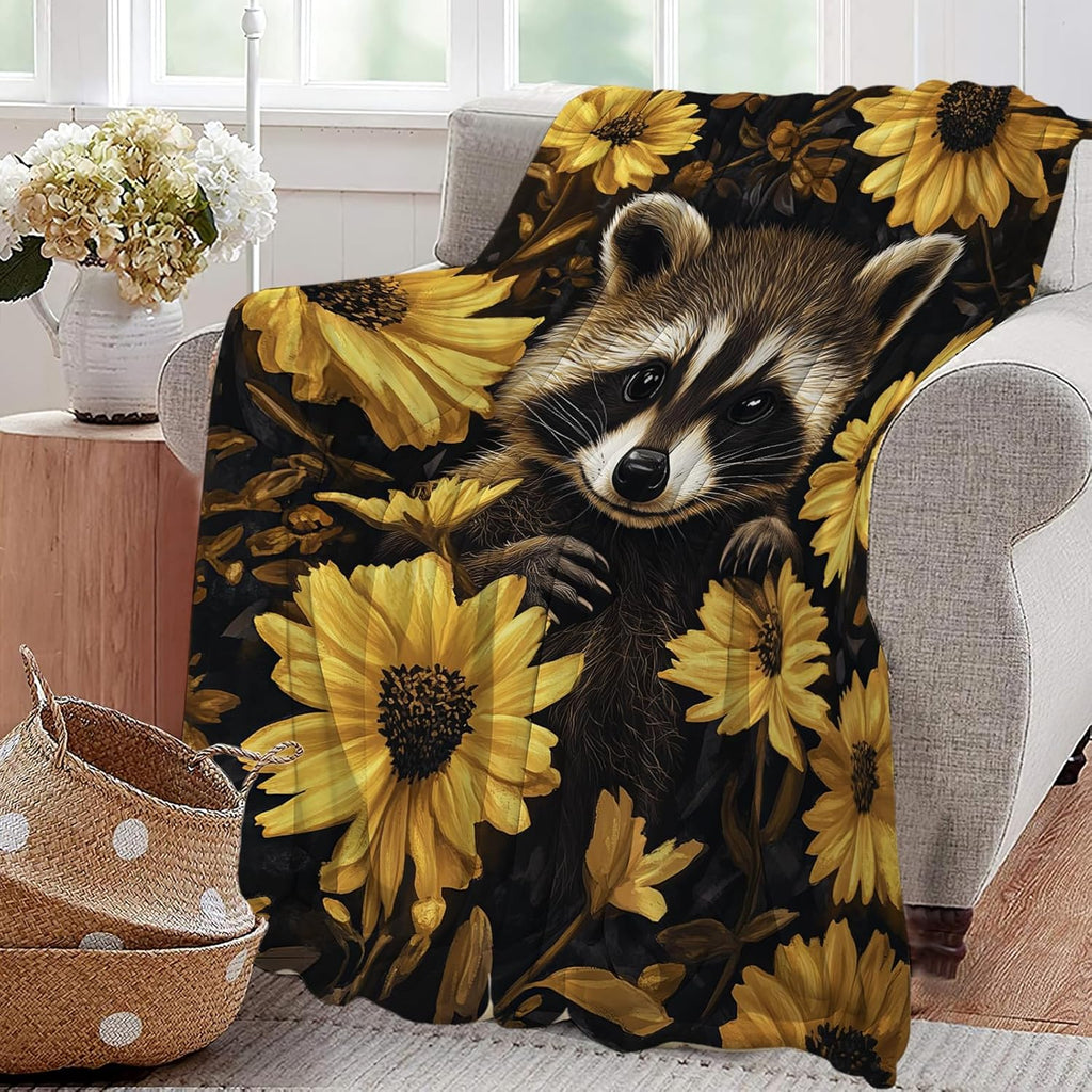 Raccoon Blanket Cute Raccoon Lover Floral Animal Throw Blankets Gifts for Girls Boys Kids Soft Cozy Fleece Plush for Couch Sofa Bed 60"x50"