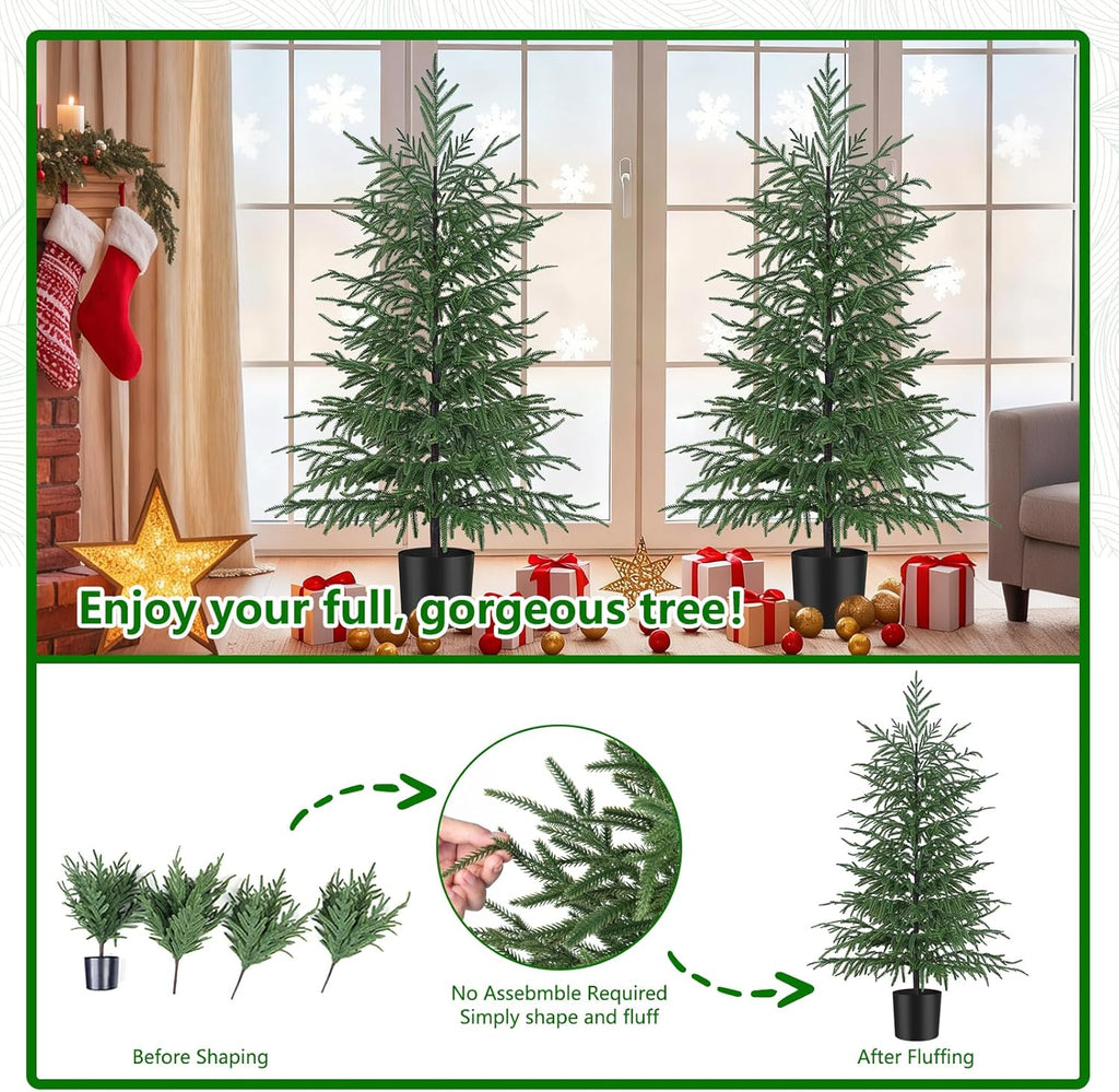2 Pack 4FT Artificial Norfolk Pine Tree, Realistic UV Rated Shrubs Fake Potted Plants Faux Bushes for Christmas Decorations Outdoor Indoor Home Front Porch Decor