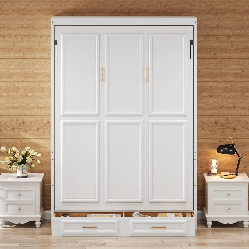 Merax Modern Full Size Murphy Bed with 2 Drawers, Space Saving Wall Bed Foldable into Wardrobe, Solid Pine Wood Frame, No Box Spring Needed, Beige