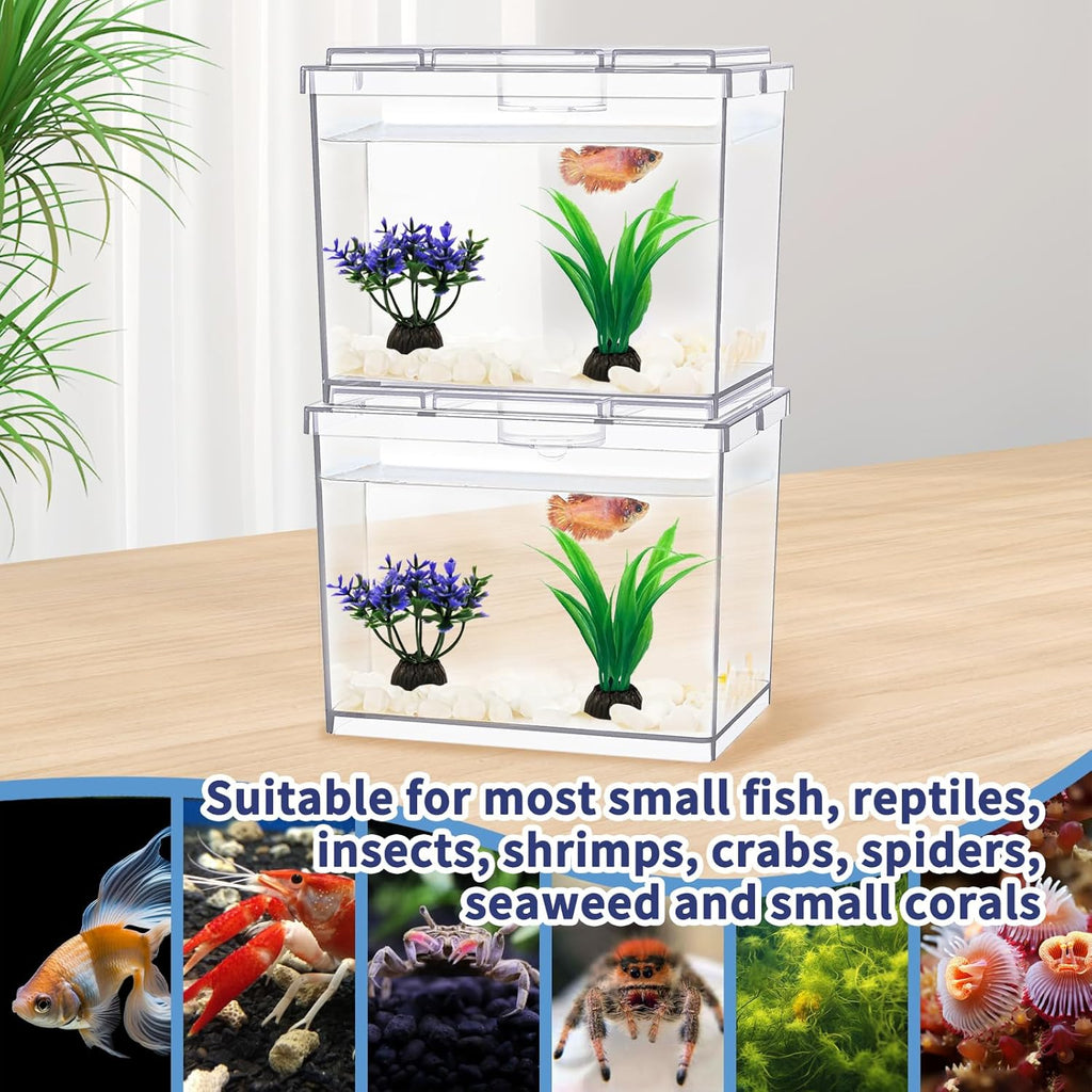 Mini Betta Fish Tank, Small Fish Bowl for Temporary Space, 0.2 Gallon Stackable Cube Tank with Artificial Plants and Gravels for Small Fish, Insect, Shrimp, Crab, Spider. (Pack-2)