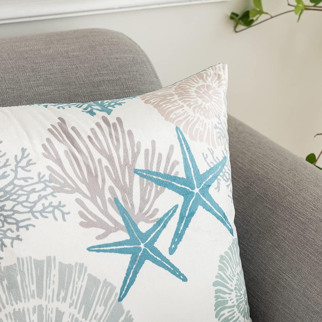 Tritard Nautical Coastal Throw Pillow Covers 20x20 Set of 2 Beach Themed Ocean Seashell Coral Starfish Velvet Couch Decorative Pillow Cases Outdoor Sofa Cushion Cover for Bedroom Living Room, Blue