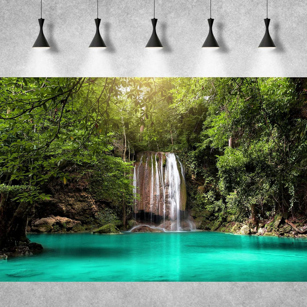 Jungle Waterfall Aquarium Background Lush Green Rainforest Rocks Terrarium Background Falls Green Plants Natural Landscape Fish Tank Background Lake Stream Waterfall Reptile Background 24x16in