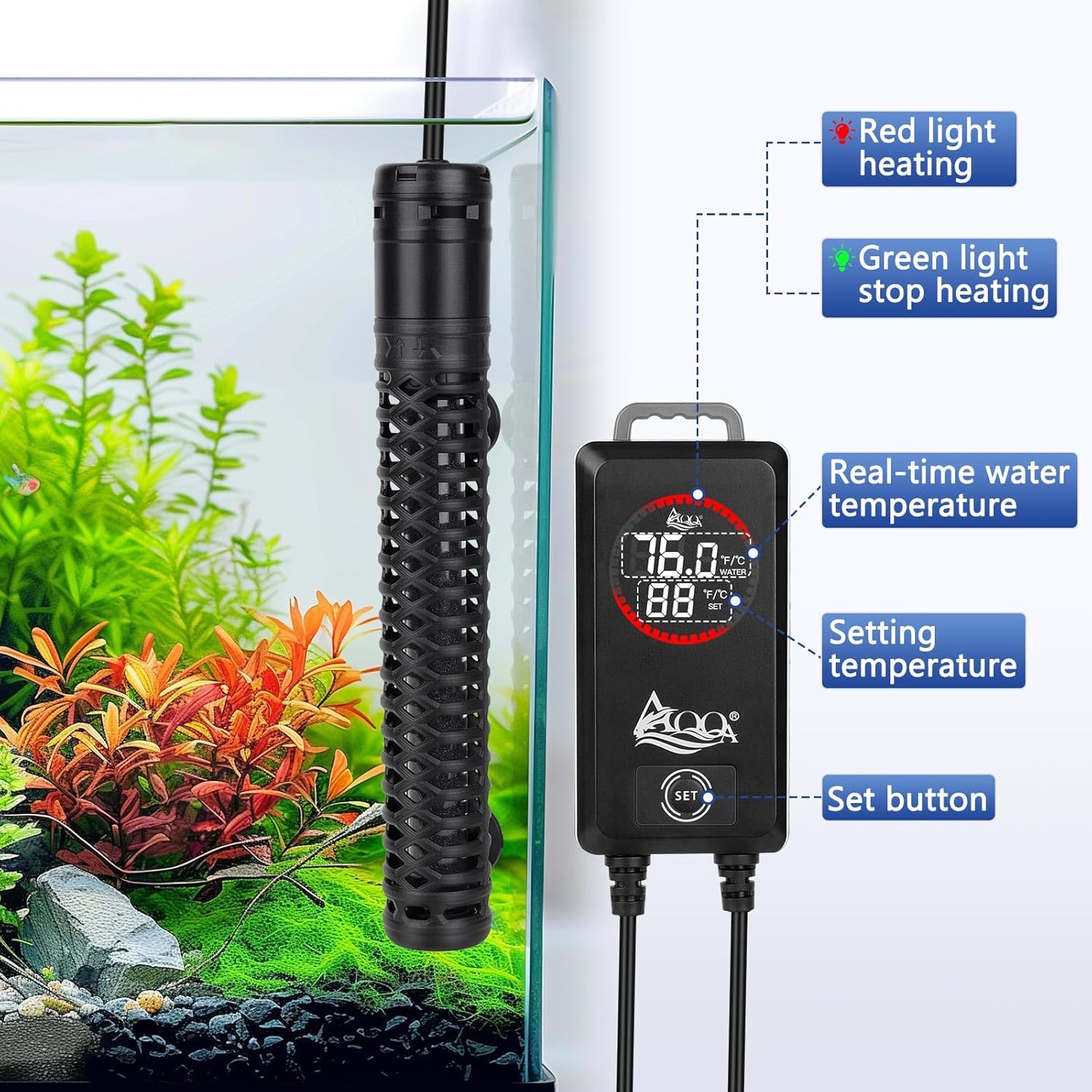 AQQA 800W Aquarium Heater, Fish Tank Heater with Digital Thermostat, Over-Temperature and Dry-Run Protection, for 90-150 Gallon Freshwater, Saltwater, Turtle Betta Fish Tank Aquarium