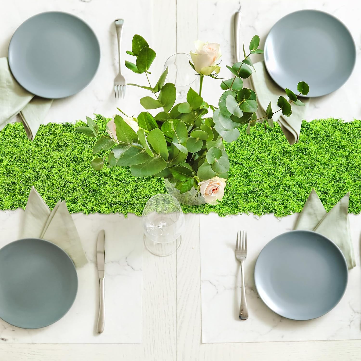 Zeyune 2 Pcs Christmas Fake Moss Table Runner for Crafts 12'' x 71'' Artificial Moss Sheet Roll Waterproof Carpet Blanket for Wall Roof Garden Wedding Birthday Party Table Decoration (Light Green)
