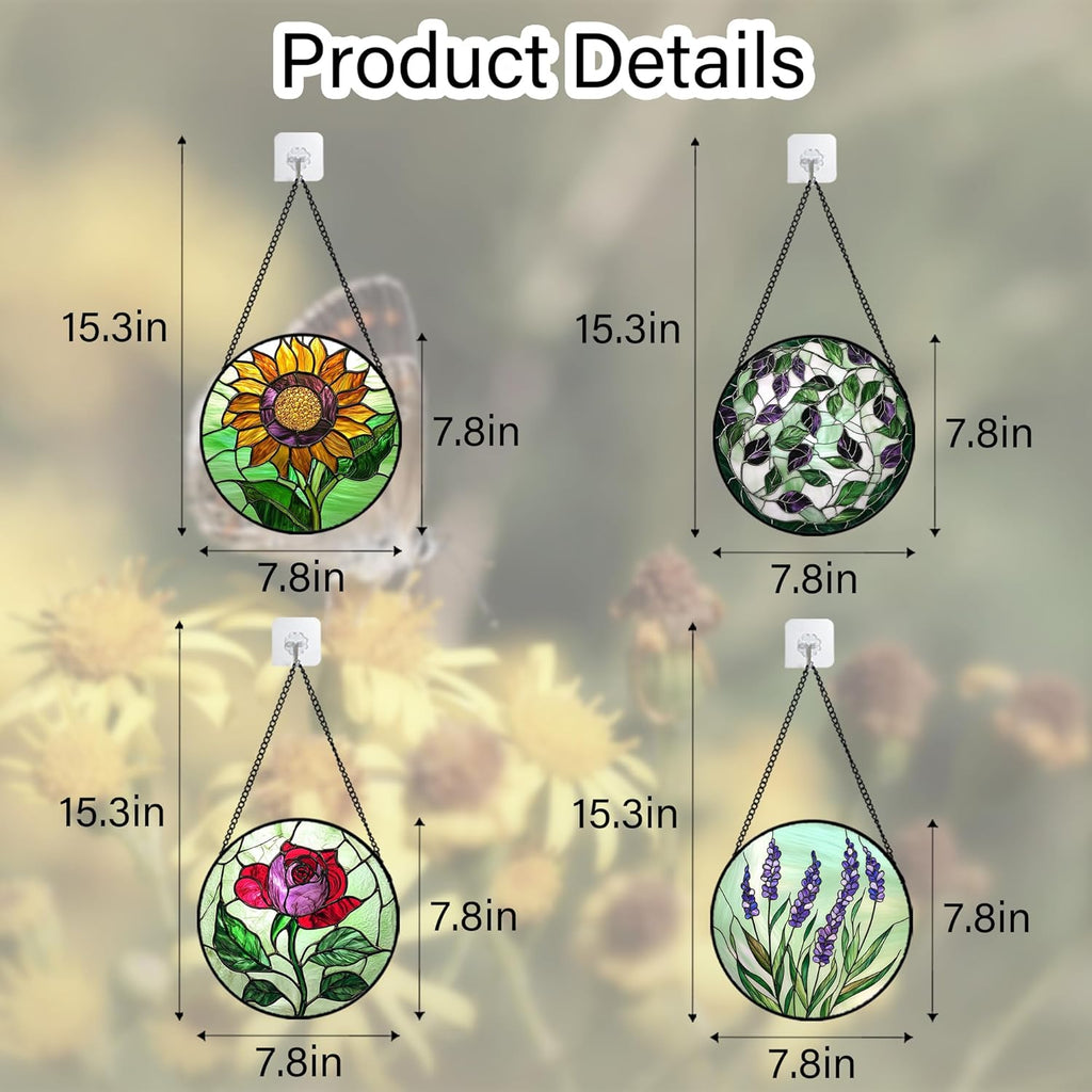 Stained Glass Window Hanging 4 Pcs Set Red Roses Yellow Sunflowers 7.8" - Flower Suncatcher Door Garden Sun Catcher Decor Birthday Mother's Day for Mom Woman Nana Girl